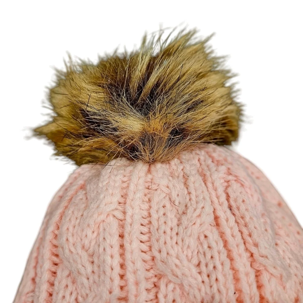 Pink Cable Knit OS Fleece Lined Beanie with Faux Fur Pom NWOT